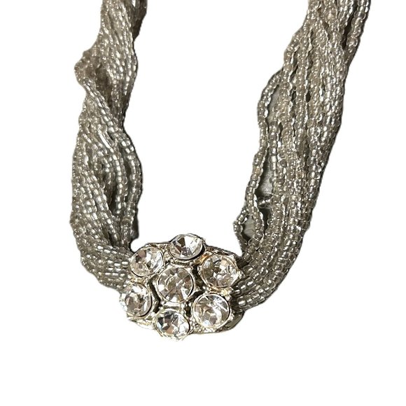 Vintage Twisted Multi-Strand Silver Seed Bead Necklace with Rhinestone Pendant - Picture 1 of 4